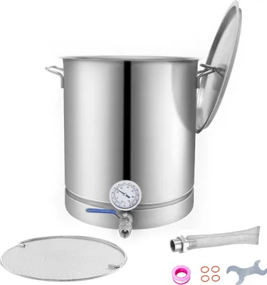 Image de SucceBuy Chaudière de brassage en acier inoxydable, 16 gallons, fond à trois couches, chaudière de brassage de bière, accessoires de brassage à domicile, y compris couvercle, thermomètre, robinet à bille, filtre, robinet de soutirage