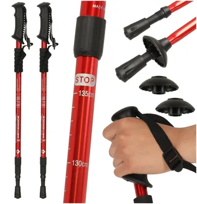 Image de Bâtons de randonnée pliables pour la marche, avec embouts, lot de 2, rouges