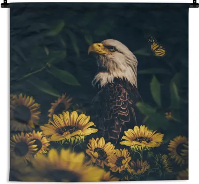 Produktbild von MuchoWow® Wandteppich Wandbehang Adler - Gelb - Blumen - Botanisch 120x120 cm Tapisserie Dekoration Wandtuch - Modern - Baumwollgewebe