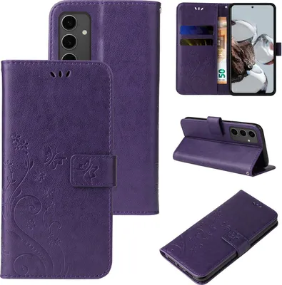 Produktbild von Handyhülle für Samsung Galaxy S24 FE Floral Blumen Schmetterling Flip Cover Hülle Case Klapphülle Handytasche Farbe: Violett