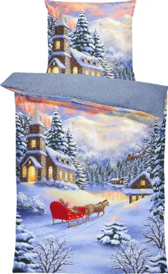 A winter scene with a church, snow-covered trees, and a horse-drawn sleigh.