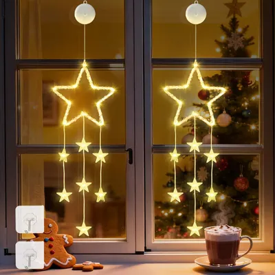 LED-Fensterdeko Sterne, warmweiß, 18 Lichter, 1 m, Timer, batteriebetrieben