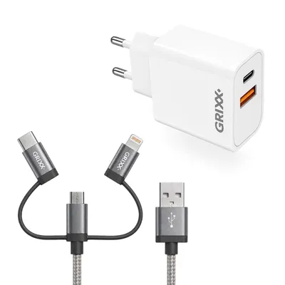 Produktbild von Grixx Ladegerät 20 W USB-C und USB-A mit 3-in-1-Ladekabel 1 m Weiß/Grau