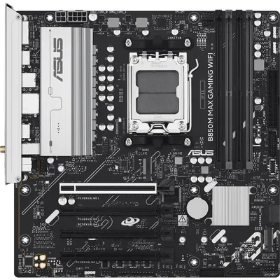 Produktbild von ASUS B850M MAX GAMING WIFI, AMD, Sockel AM5, AMD Ryzen 7000 Series, AMD Ryzen 8000 Series, AMD Ryzen 9000 Series, Sockel AM5, DDR5-SDRAM, 256 GB