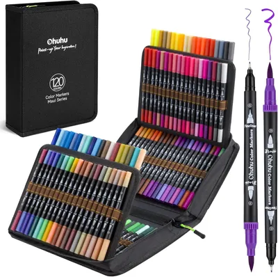 Produktbild von Ohuhu, 120 Farben, doppelseitige Fineliner-Stifte, Pinselstifte und Fineliner für Ausmalbücher für Erwachsene, Zeichnen, Kalligraphie, Skizzieren und Tagebuchschreiben