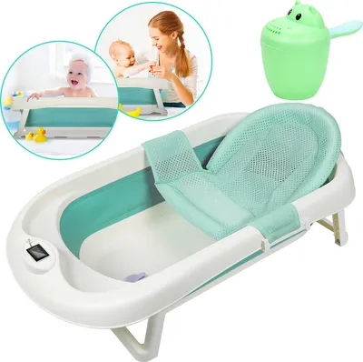 Produktbild von Hengda Baby Badewanne Babywanne mit Sicherheitsnetz Thermometer faltbare Babywanne , Badewanne für Babies, Grün