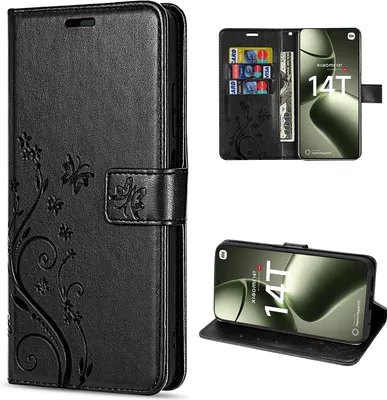 Collage of a black leather flip phone case with floral embossing, showing the case closed and open with a phone inside.