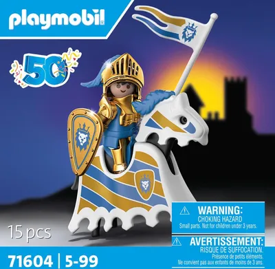 A Playmobil knight on a horse with a flag, set against a castle silhouette at sunset.