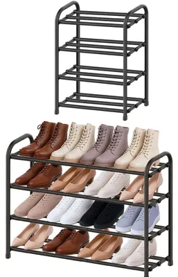 Obrázek produktu pro Kovová botník, černá barva, 4 police, výsuvná, rozměry 45-80 cm