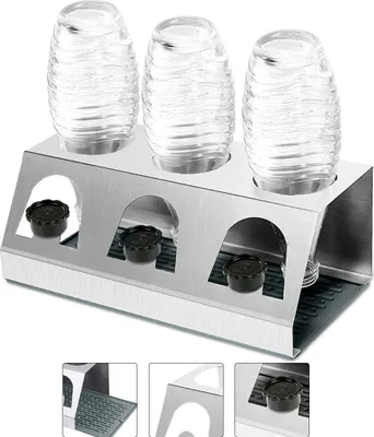 Obrázek produktu pro Meco Odkládací stojan na lahve. Nerezový stojan určený pro lahve Crystal a Emil. Streambrush s držákem na víčka. Stojan na lahve. Odnímatelná odkapávací miska pro skleněné lahve