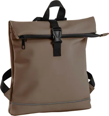A taupe rolltop backpack with black accents is shown against a white background.