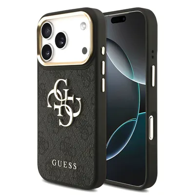 A black phone case with a gold Guess logo and gold accents around the camera lens, shown next to a smartphone.