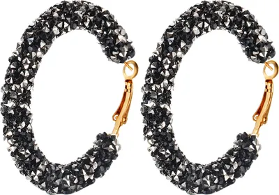 Produktbild von Damen-Ohrringe mit Strass-Intarsien, geometrisch, groß, rund, Tropfen-Creolen, Schmuck, Geschenk-Schwarz