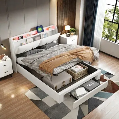 Immagine prodotto di Letto matrimoniale imbottito - Velluto - Beige - 160x200 cm - Con spazio contenitore, porta USB e illuminazione LED