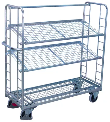 Produktbild von Etagenwagen mit 3 Drahtgitterböden verzinkt 400 kg Traglast Typ L + EasySTOP