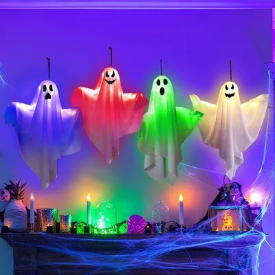 4 Halloween-Geister mit LED-Lichtern, hängende Deko