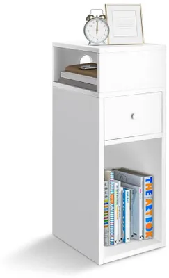 Productafbeelding van Unyqoos® Smalle, witte nachtkastje, 25 x 30 x 66 cm, met lade en 2 open vakken, van MDF, ruimtebesparend, met kabeldoorvoer, geschikt voor wandmontage