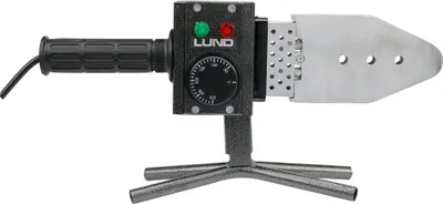 A plastic pipe welding tool on a stand, isolated on a white background.