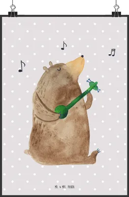 Produktbild von Mr. & Mrs. Panda Bild Bär Gitarre DIN A2 - Grau Pastell - Geschenk, Teddy, kunstdruck poster, wanddeko, drucke, Wandbild