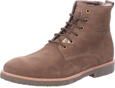 A single brown winter boot for men.