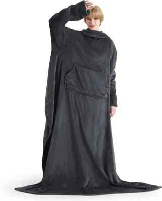Produktbild von Kuscheldecke für Erwachsene mit Ärmeln – Fleece-Kapuzendecke mit Taschen – Für Damen und Herren – TV-/Sofadecke 170 x 200 cm, Anthrazit
