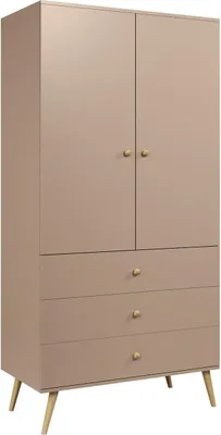 A beige wardrobe with two doors and three drawers, standing on wooden legs.