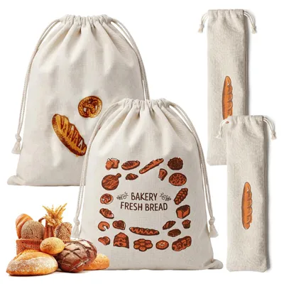 Produktbild von Brotbeutel aus Leinen - 4 Stück wiederverwendbare Brottüten mit Kordelzug - Zur Brotaufbewahrung und Frischhaltung - Ungebleicht und waschbar
