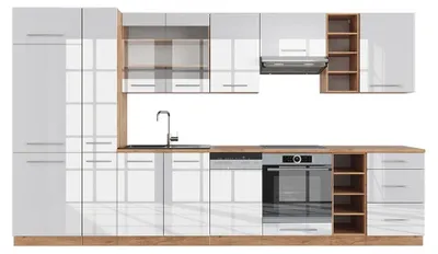 Produktbild von Küchenzeile Vicco Fame-Line Weiß Hochglanz/Goldkraft Eiche 355 cm , AP Eiche, Model 49306