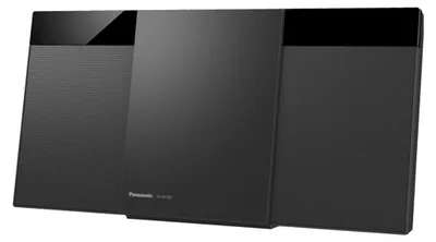 A black Panasonic SC-HC302 micro audio system is shown from a front-left angle against a black background.