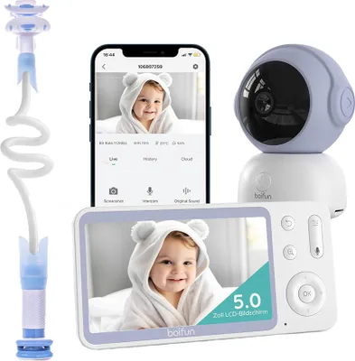 Produktbild von 5" Babyphone mit Kamera 2K, Babyfon PTZ 355°, Bewegungs und Geräuscherkennung, Temperatur und Luftfeuchtigkeitsüberwach, mobiles Tracking, Halterung