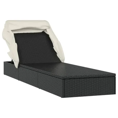 A black rattan sun lounger with a cream canopy, shown from a side angle against a white background.