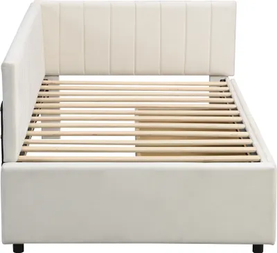 Produktbild von Flieks Polsterbett 90x200cm mit Lattenrost, Tagesbett Schlafsofa mit 2 Schubladen, Einzelbett Gästebett Daybett Jugendbett Sofabett, Samt, Beige