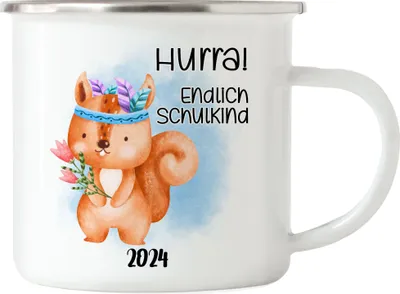 Produktbild von Endlich Schulkind 2024 Emaille Tasse Schuleinführung Sohn Tochter Geschenk Schulanfang Erstklässler