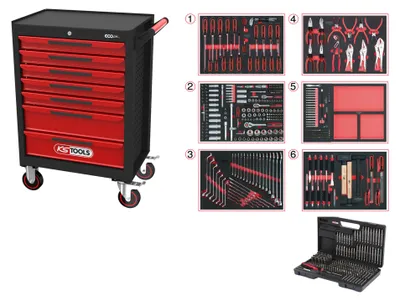 Zdjęcie produktu dla KS TOOLS ECOline BLACK/ROT Wózek warsztatowy z 7 szufladami i 598 narzędziami premium - 897.7598