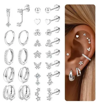 Immagine prodotto di Orecchini da donna, set di 13 paia, acciaio chirurgico, oro, argento, piercing a spirale, cerchi