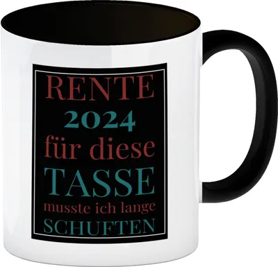 Produktbild von Rente 2024 Kaffeebecher in schwarz eine bunte Tasse für Rentner in weiß