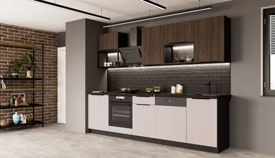 Produktbild von Küche ARONA + MONZA BASIC LOFT 280 cm Küchenzeile Küchenblock Einbauküche Kaschmir beige matt + Nußbaum + Schwarz matt