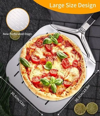 Image de Plaque à pizza professionnelle, en alliage d'aluminium perforé, grande plaque robuste, poignée rabattable, idéale pour le barbecue ou le four, 30 x 35 cm.