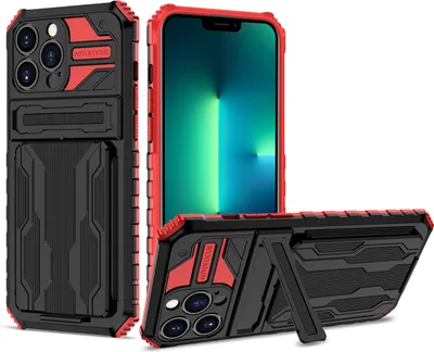 Immagine prodotto di custodia per iPhone 13 Pro, custodia ibrida di protezione robusta con portacarte e supporto per iPhone 13 Pro rosso