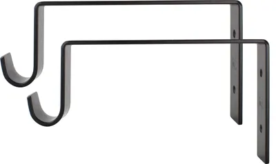 Two black metal coat rack brackets against a white background.