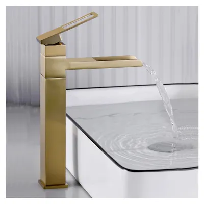 Produktbild von Waschtischarmatur in Gold, Hochwasserfall Wasserhahn, 360° schwenkbare Mischbatterie für das Bad, Einhebelmischer, gebürstetes Gold