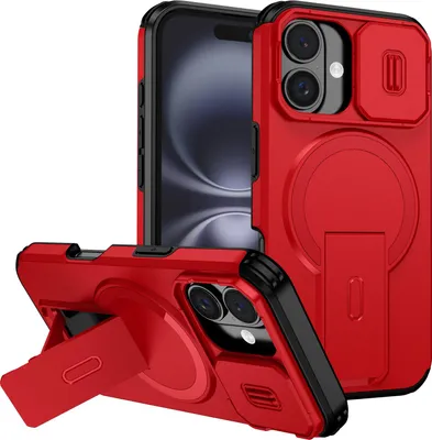 Obrázek produktu pro Magnetické pouzdro pro iPhone 16, dvouvrstvé odolné pouzdro s posuvnou ochranou fotoaparátu a nastavitelným stojánkem Červená