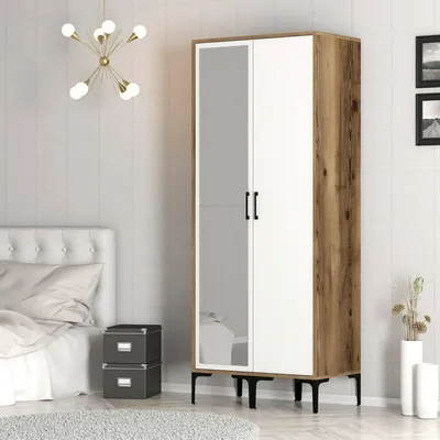 Produktbild von Kleiderschrank 2 Türen Dbergonz, Schlafzimmermöbel, Schrank, Garderobe, 80x201h48 cm, Walnuss und Weiß