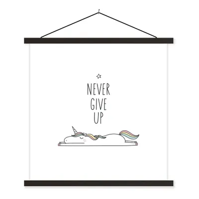 Produktbild von MuchoWow® Textilposter Einhorn - Kinder - Zitate - Niemals aufgeben - Mädchen 90x90 cm mit schwarzem Rahmen - Magnetisches