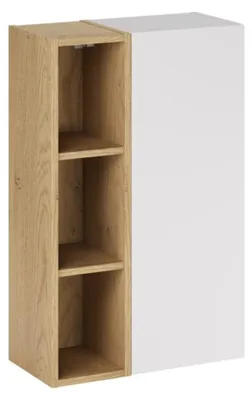 Image de Meuble de rangement OSTER 50cm – meuble suspendu blanc mat 1 porte et 3 niches visibles aspect chêne clair