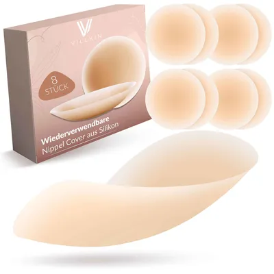 Produktbild von Villkin Nippelpads - 8 Stück | Ø 8,5cm | Nippel Cover wiederverwendbar & selbstklebend |  Waschbarer & hautfreundlich Brustwarzenschutz