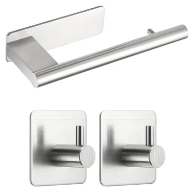 Image de Porte-papier hygiénique à fixation sans perçage, avec 2 crochets adhésifs, porte-papier hygiénique adhésif, porte-papier hygiénique en acier inoxydable 304, porte-papier hygiénique argenté pour la salle de bains et la cuisine, toilettes