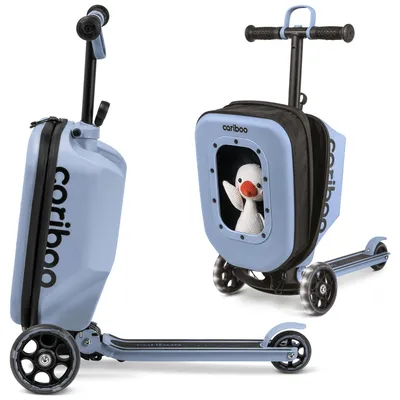 A light blue scooter with a suitcase attached, shown from two different angles.