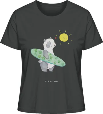 Produktbild von Mr. & Mrs. Panda Shirt Damen Panda Surfen Größe M - Anthrazit - Geschenk, Basic, Kurzarmshirt, Oberteil, Wellenreiten, Sommershirt, Surfschule, Mit Print