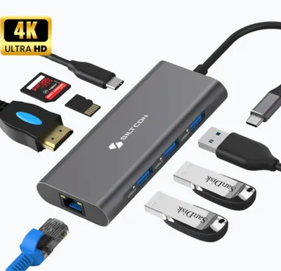Produktbild von Siltcon® 8-in-1 USB-C Hub Dockingstation – HDMI 4K 30Hz, RJ45, PD 100W, 3x USB 3.0, SD/TF – Spacegrey